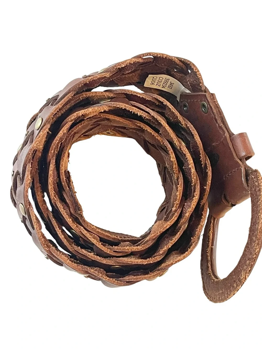 Wide Brown Braided Studded Leather Belt Circle Buckle Vintage Y2K Size L